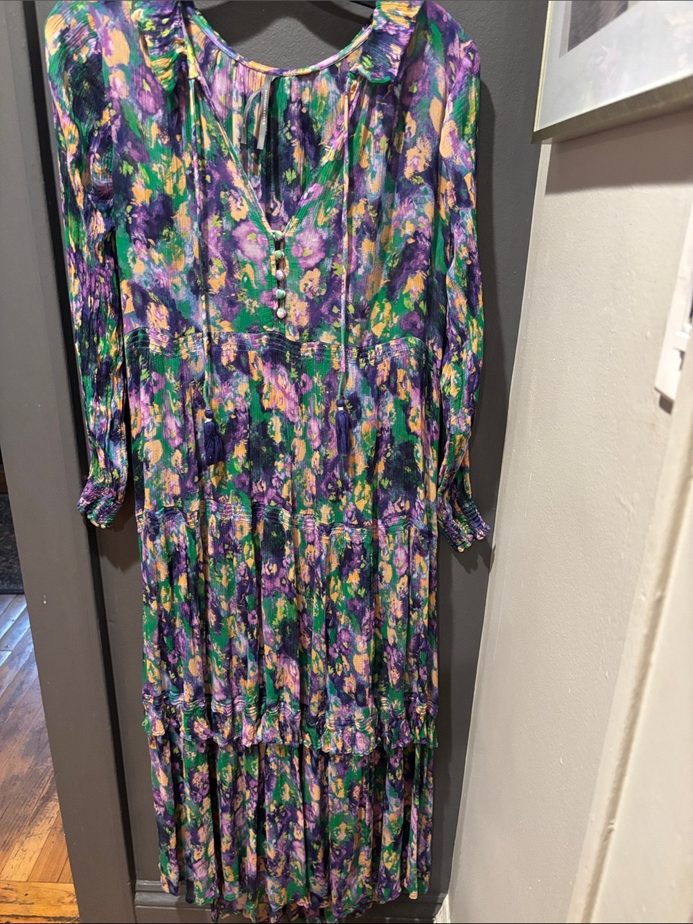 Anthropologie Green, Purple & Yellow Floral Tiered Maxi Dress